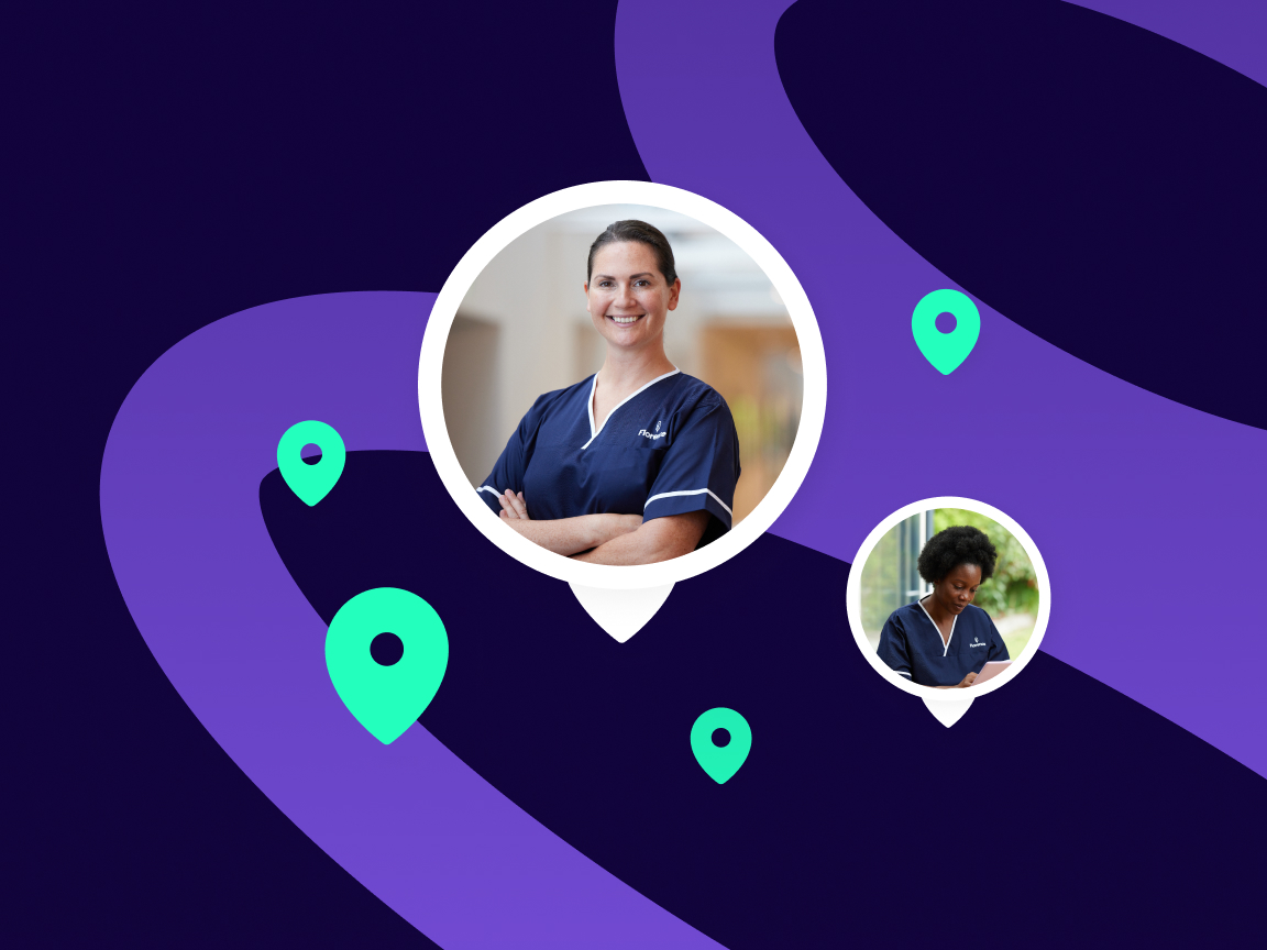 Map showing location pins representing nearby Florence healthcare professionals, with two visible workers, one closer than the other.