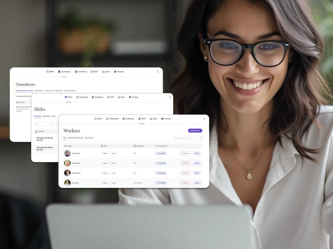 Female manager in the health and care industry accessing the Florence Agency Manager platform to manage timesheets, workers, and shifts, demonstrating tools for staffing agencies.