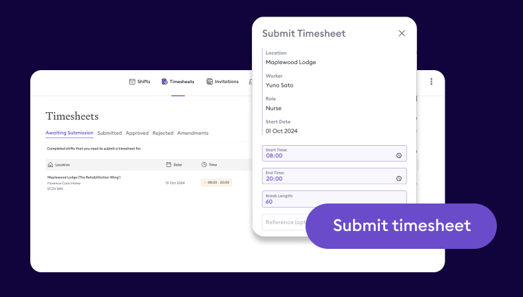 Florence platform displaying the timesheet submission process, where staffing agencies can easily and quickly submit timesheets online.