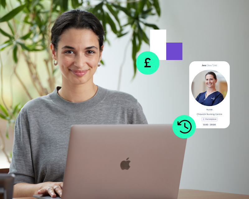 Female manager in health and care using Florence Agency Manager on a laptop, managing a nurse’s shift details.