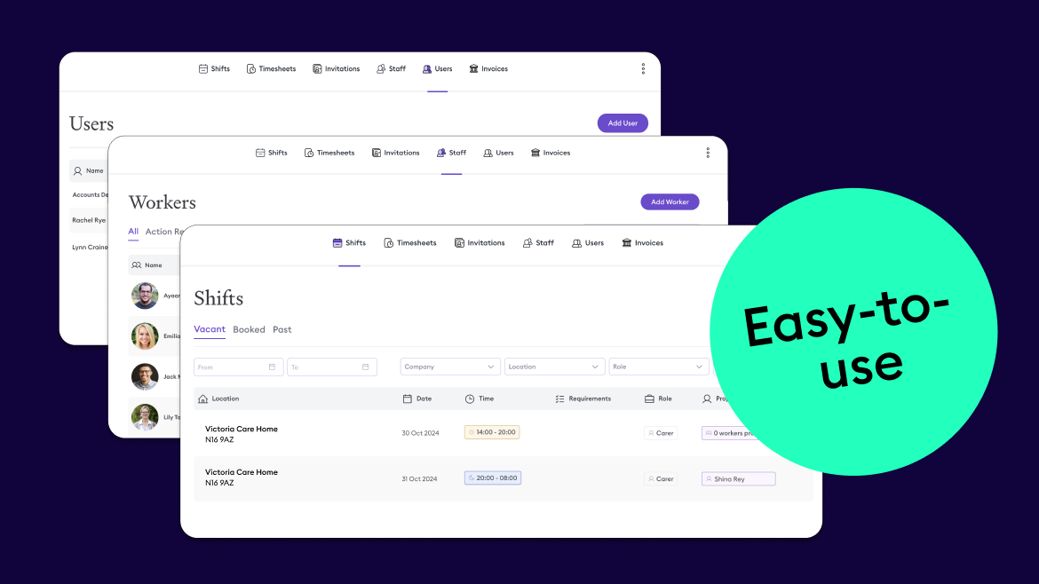 Florence platform showcasing user, worker, and shift management screens, demonstrating the simplicity and ease of use for staffing agencies.