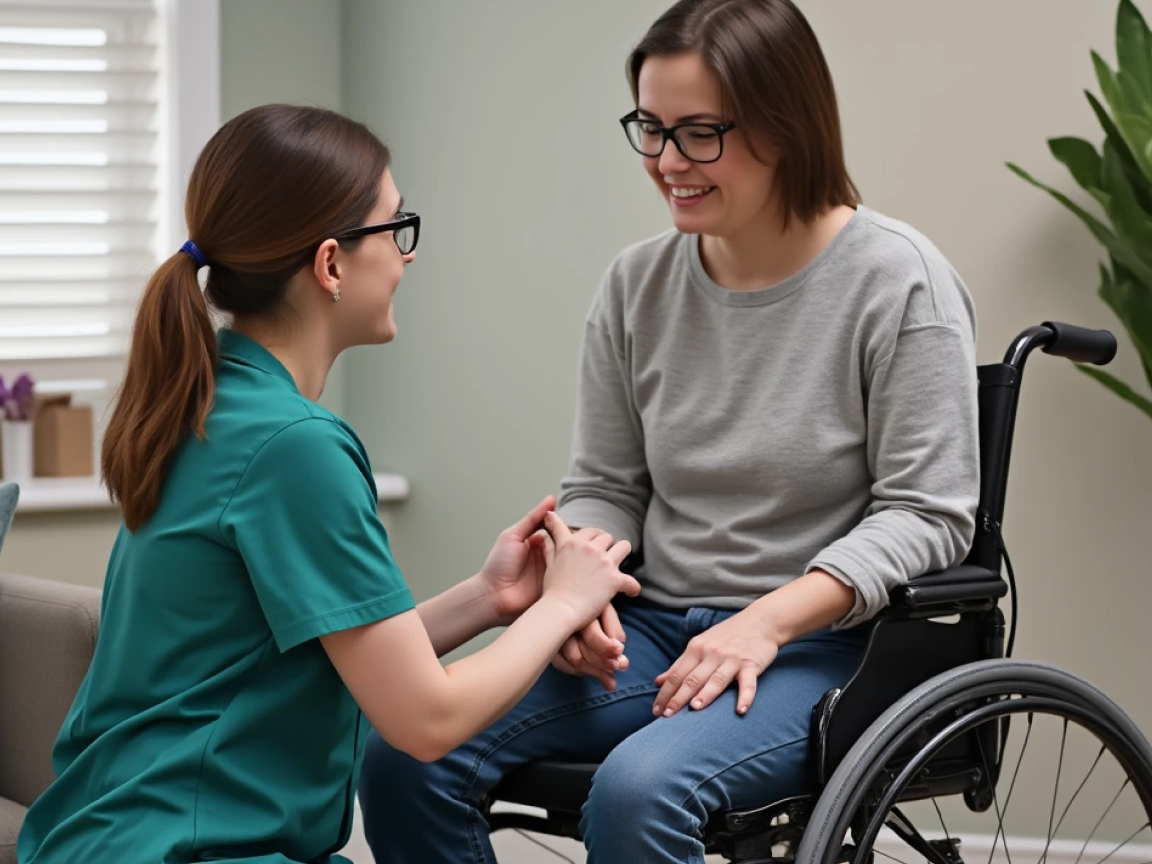 Healthcare professional assisting a female patient in a wheelchair with physiotherapy exercises, reflecting personalised complex care services.