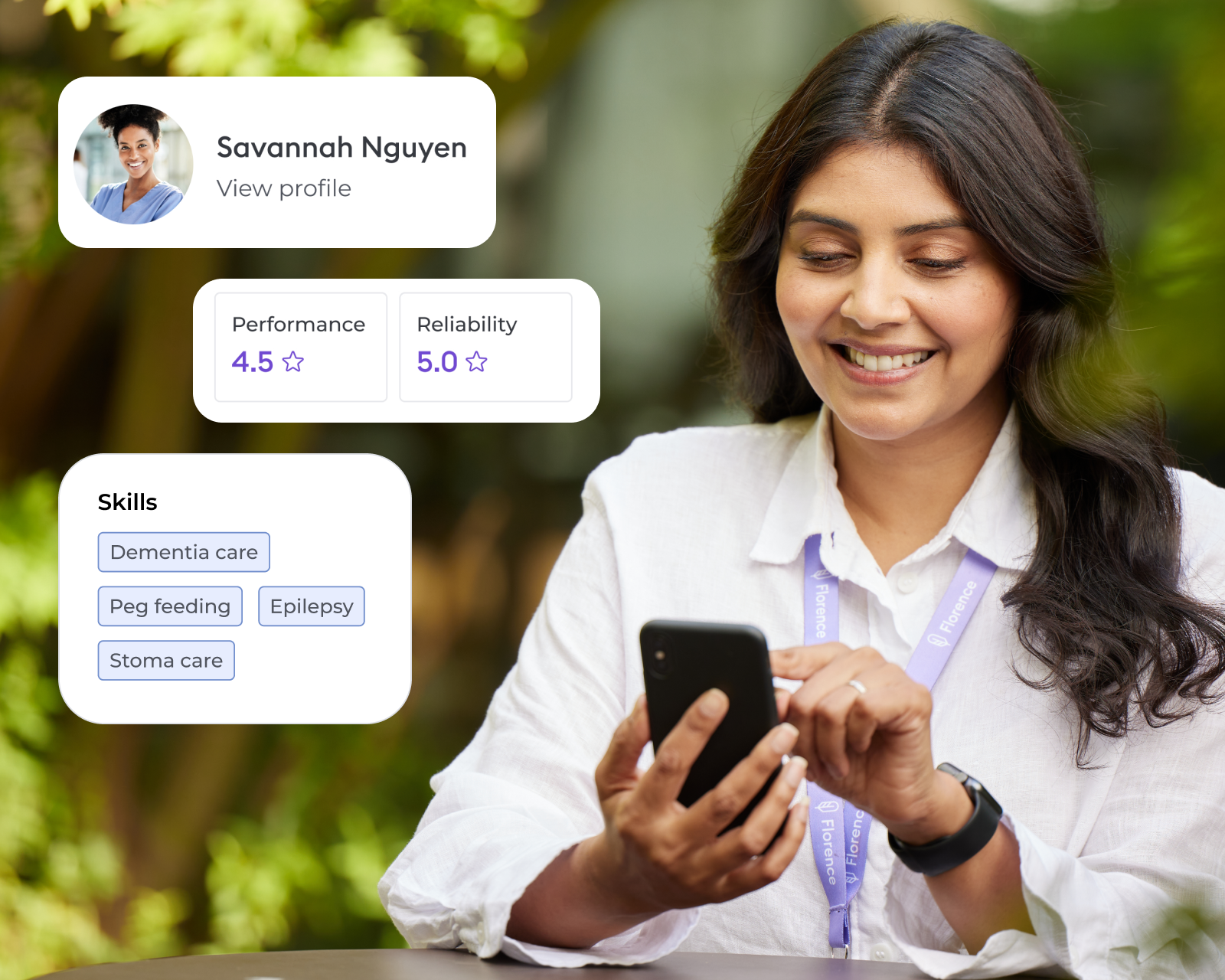 Health and care manager using the Florence app to review a healthcare professional’s profile, including skills and ratings.