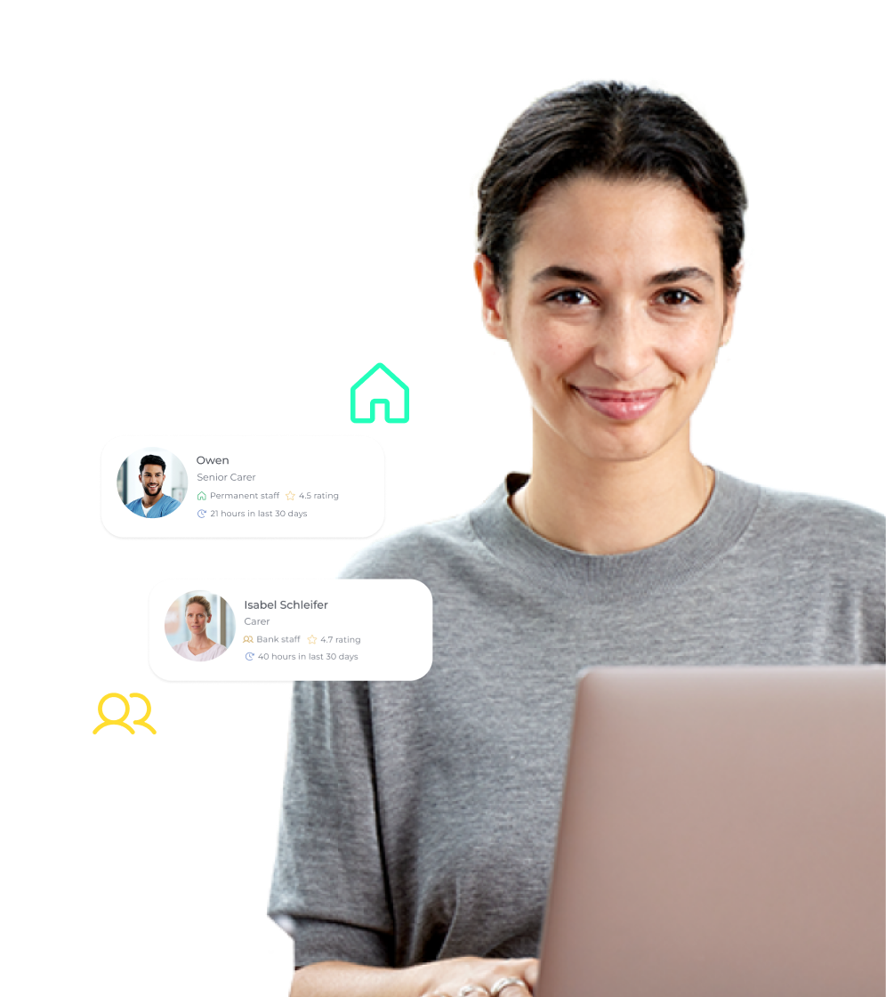 Female health and care manager using Bank Manager tool to manage bank staff and fill rota gaps quickly