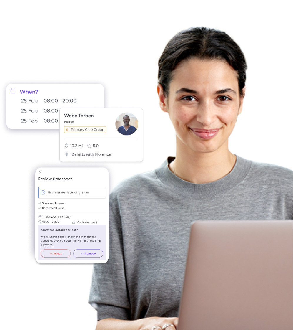 Female manager in health and care industry using Florence platform, with screenshots of nurse card, timesheet review, and shift timings.