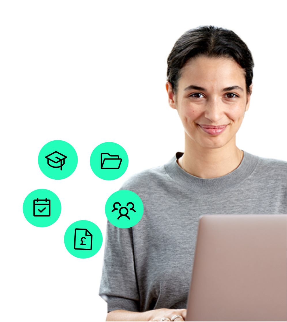 Health and care manager using Florence's contingent workforce management tools, represented by icons showcasing organisation, people, money, calendar, and training solutions.